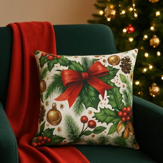 Festive Christmas Red Bow and Greenery  Throw Pillow (Creator Uploaded)