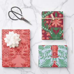 Festive Christmas Red & Green Pattern Wrapping Paper Sheets