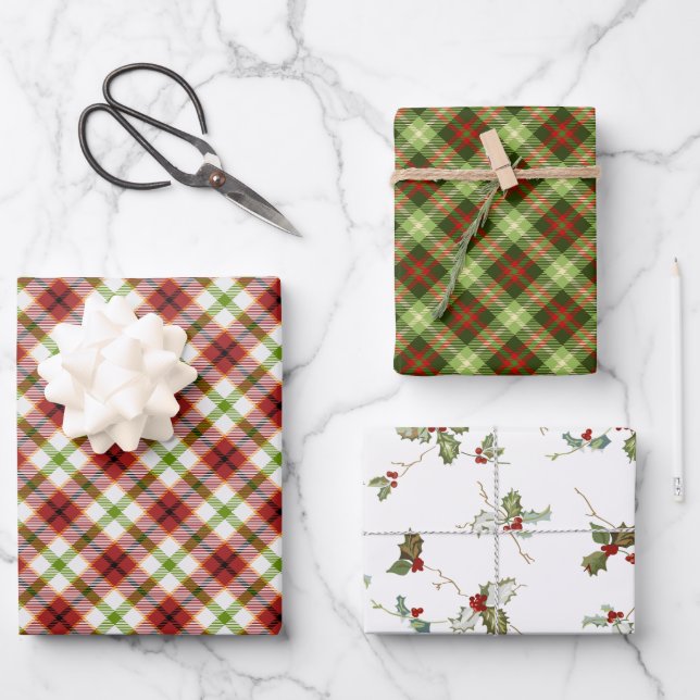Festive Christmas Red & Green Plaid w/Holly Wrapping Paper Sheets (Front)