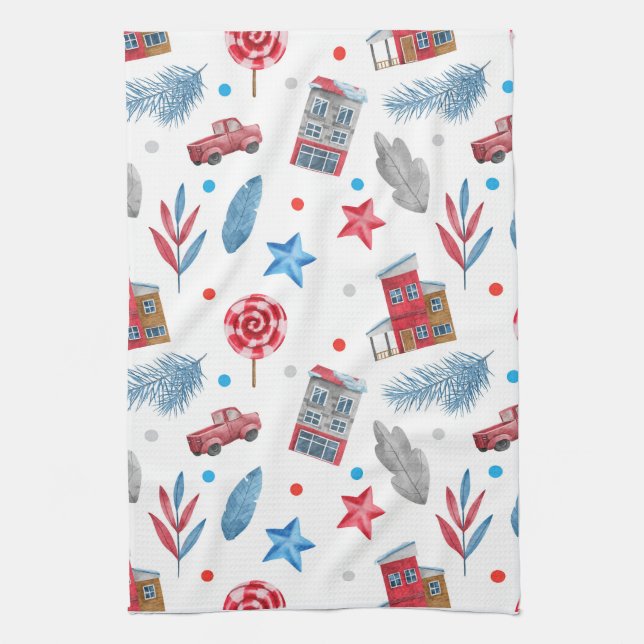 Festive Christmas  Red Retro Van Fir Tree Branches Kitchen Towel (Vertical)