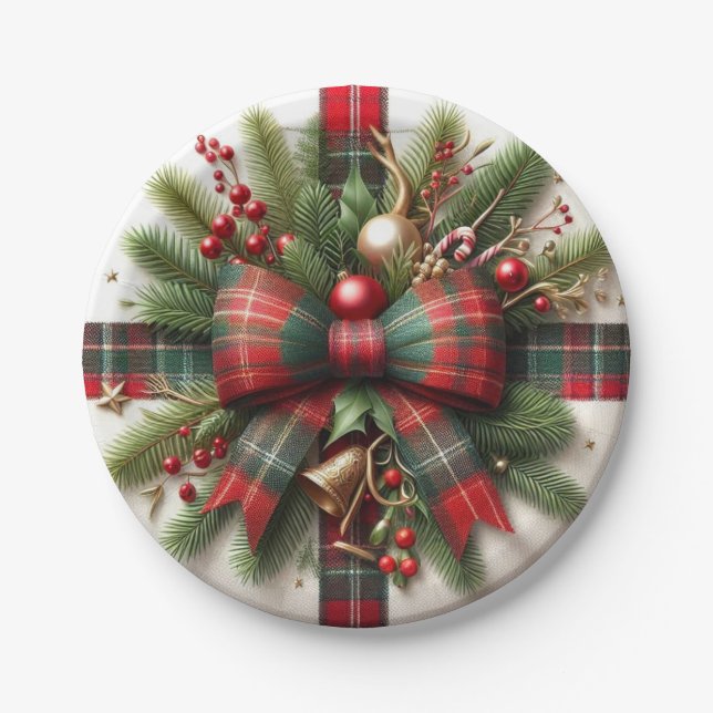 Festive Christmas Red Tartan Bow & Pine  Paper Plates (Front)