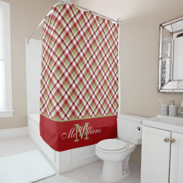 Festive Christmas Red White Green Plaid Shower Curtain (In Situ)
