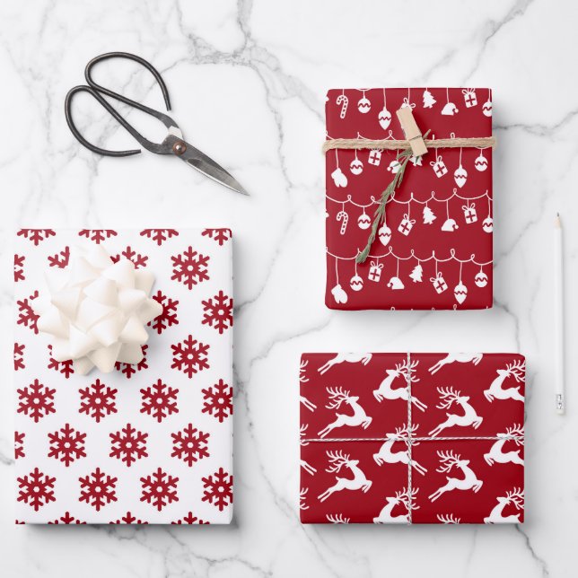 festive Christmas red white tiled pattern  Wrapping Paper Sheets (Front)