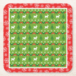 Festive Christmas Reindeer And Snowflakes Square Paper Coaster