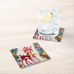 festive Christmas reindeer Holiday retro vintage Square Paper Coaster