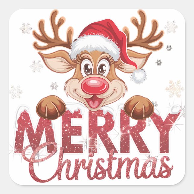 Festive Christmas Reindeer Home/Small Business Square Sticker (Front)