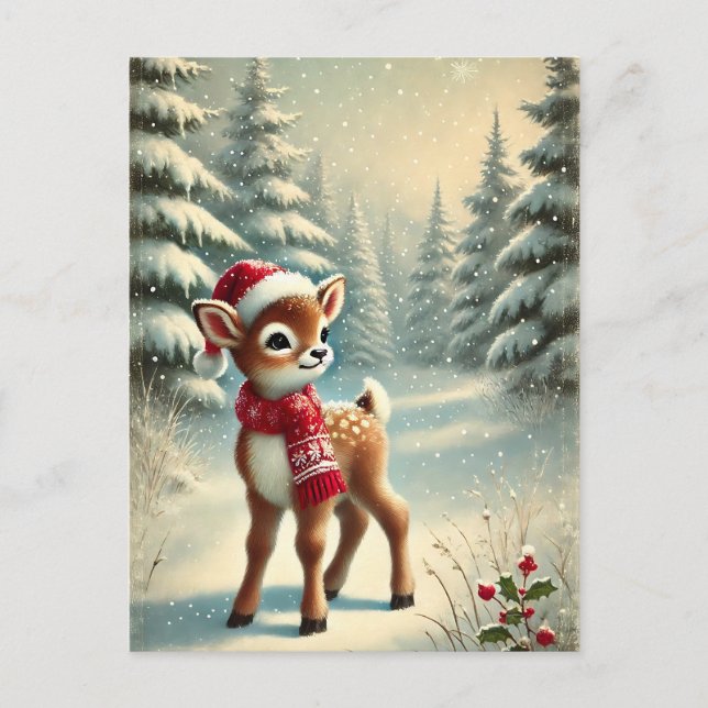 Festive Christmas Reindeer in Snowy Forest  Holiday Postcard (Front)