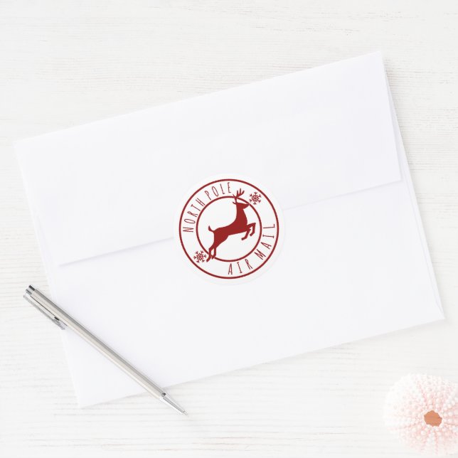 Festive Christmas reindeer North Pole airmail Classic Round Sticker (Envelope)