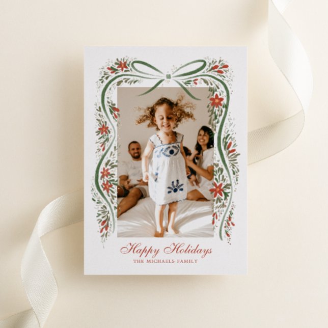 Festive Christmas Ribbon with Poinsettias Foil Holiday Card (Creator Uploaded)