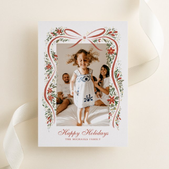 Festive Christmas Ribbon with Poinsettias Foil Holiday Card (Creator Uploaded)