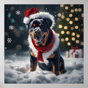 Festive Christmas Rottweiler Dog with Santa Hat Poster
