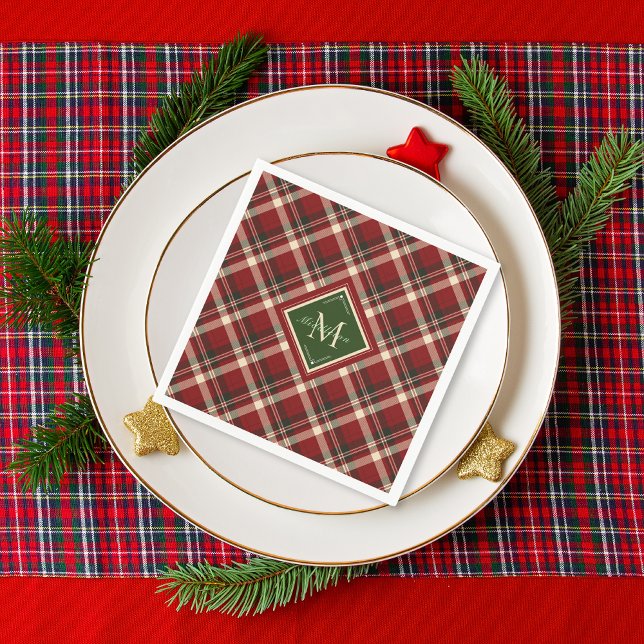 Festive Christmas Rustic Red Green Plaid Monogram  Napkins (Creator Uploaded)