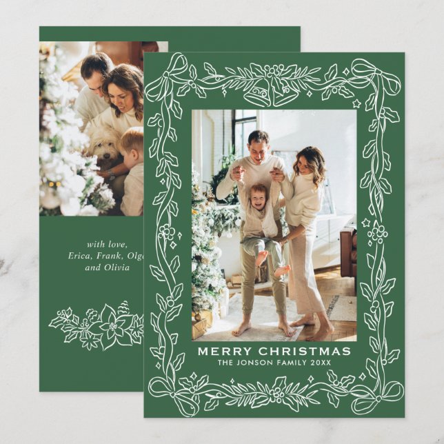 Festive Christmas Sage Green Bow Ribbon 3 Photo Holiday Card (Front/Back)