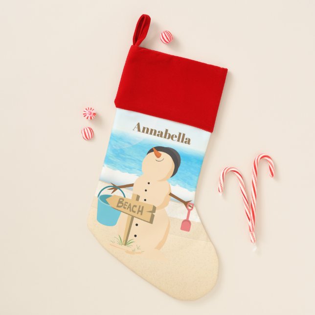 Festive Christmas sand snowman add name Christmas Stocking (Front)