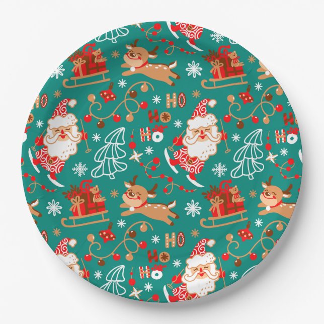Festive Christmas Santa and Reindeer Paper Plates (Front)