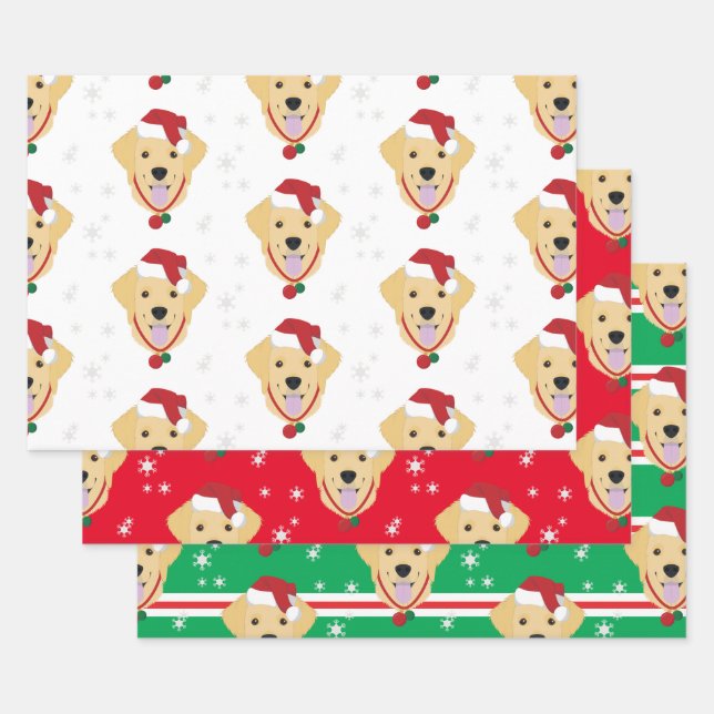 Festive Christmas Santa Golden Retriever Snowflake Wrapping Paper Sheets (Set)