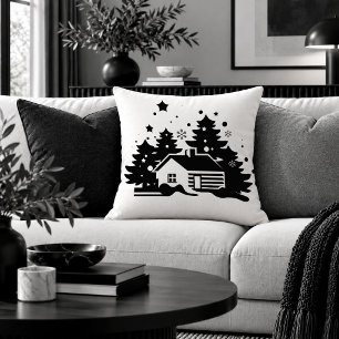 Festive Christmas Scene Black White Accent Pillow