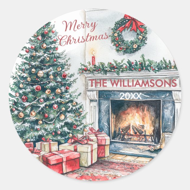 Festive Christmas Scene Tree Gifts  Classic Round Sticker (Front)