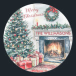 Festive Christmas Scene Tree Gifts  Classic Round Sticker<br><div class="desc">Festive Christmas Scene Tree Gifts Stickers -- will add a special touch to gifts,  cards and favors.  Any design questions,  just send a chat and we'll be delighted to assist.</div>