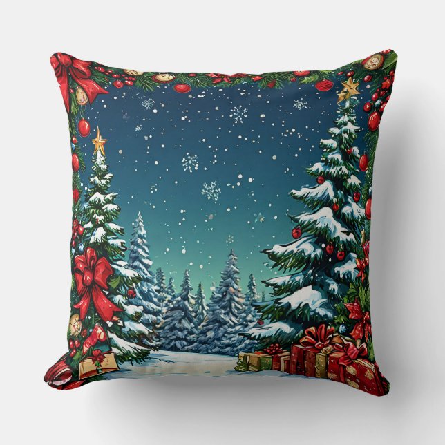 Festive Christmas Scene with Snowy Trees Throw Pillow (Front)