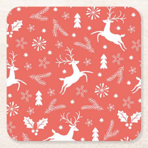 Festive Christmas Seamless Pattern Square Paper Coaster