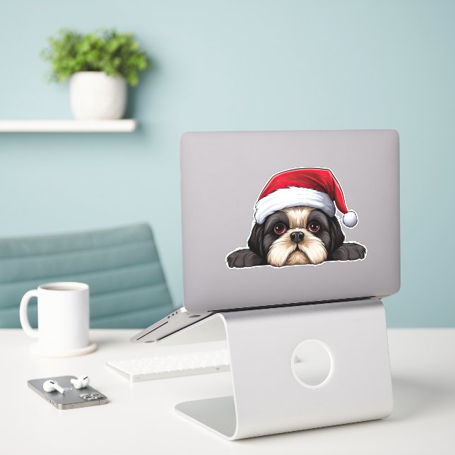 Festive Christmas Shih Tzu Kiss Cut Sticker (Laptop On Desk)