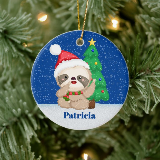 Festive Christmas sloth add name message Ceramic Ornament (Tree)
