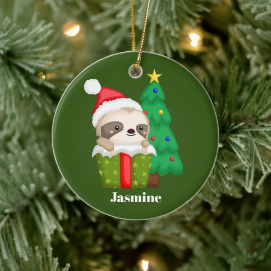 Festive Christmas sloths Holiday add name Ceramic Ornament | Zazzle.com