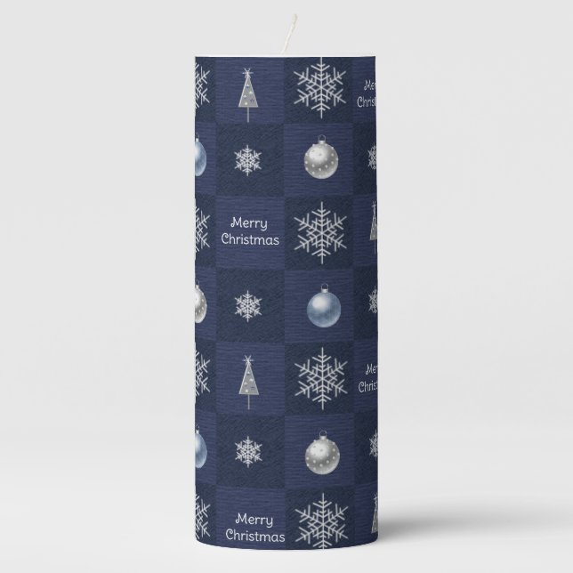 Festive Christmas Snowflakes, Ornaments and Trees Pillar Candle (Front)