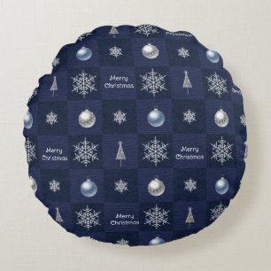 Festive Christmas Snowflakes, Ornaments and Trees Round Pillow