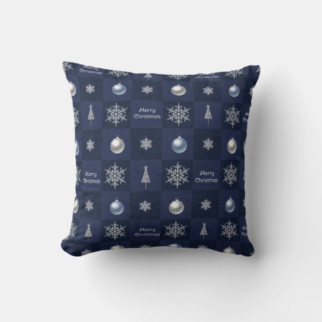 Festive Christmas Snowflakes, Ornaments and Trees Throw Pillow (Front)