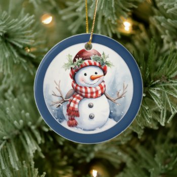 Festive Christmas Snowman Add Date Message Ceramic Ornament by DoodlesHolidayGifts at Zazzle