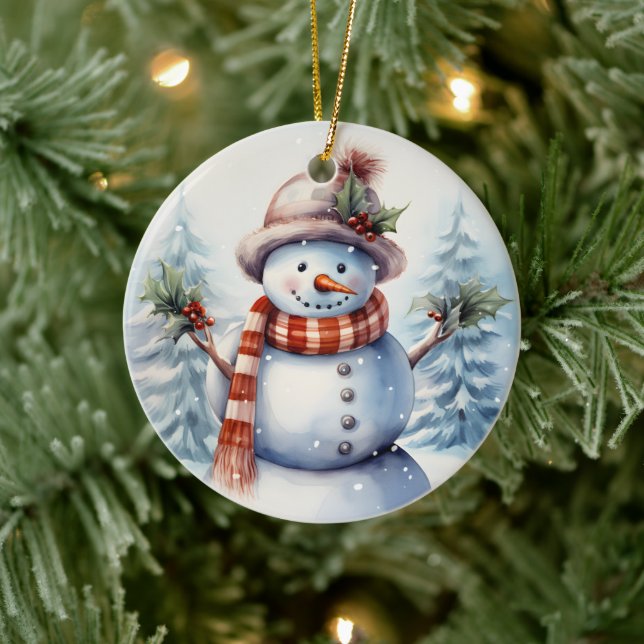 festive Christmas snowman add message Ceramic Ornament (Tree)