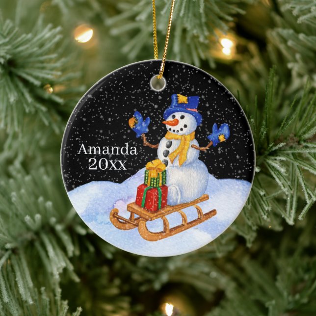 festive Christmas snowman add name text Ceramic Ornament (Tree)