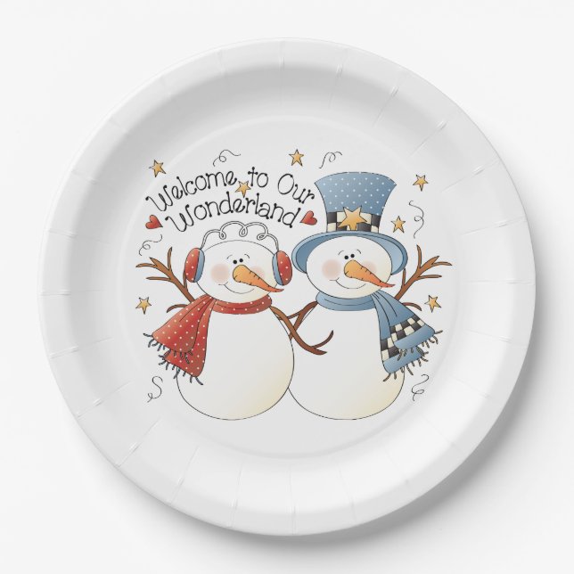 Festive Christmas snowman couple party Paper Plates (Front)