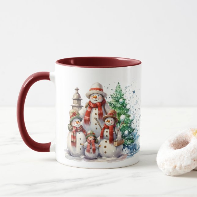 Festive Christmas snowman Family add monogram Mug (With Donut)