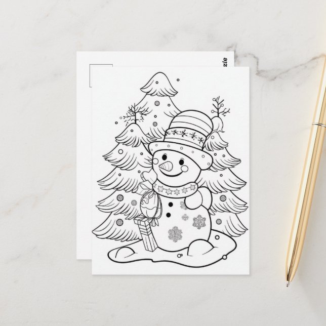 festive Christmas Snowman tree kid coloring  Postcard (Front/Back In Situ)
