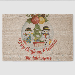 Festive Christmas Snowmen Bauble Fiber Doormat