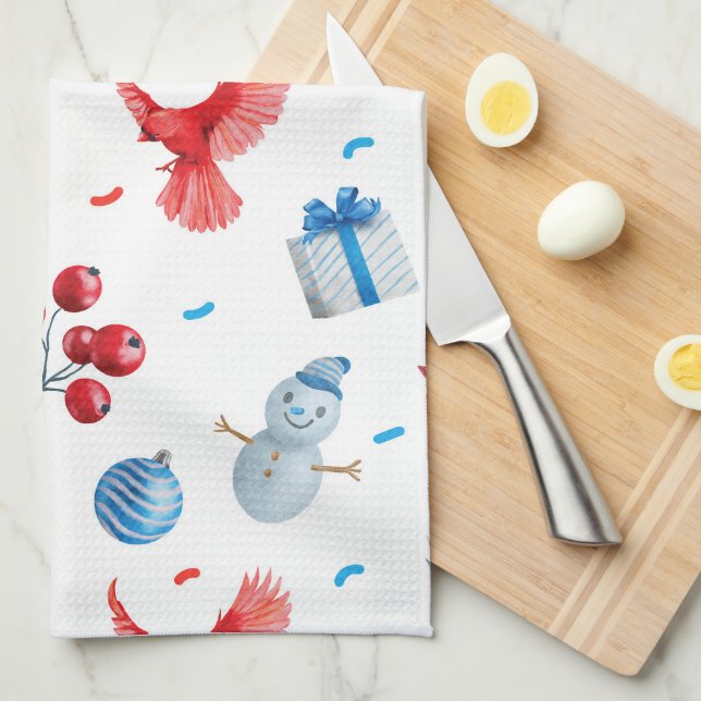 Festive Christmas Snowmen Red Cardinals Ornaments  Kitchen Towel (Quarter Fold)