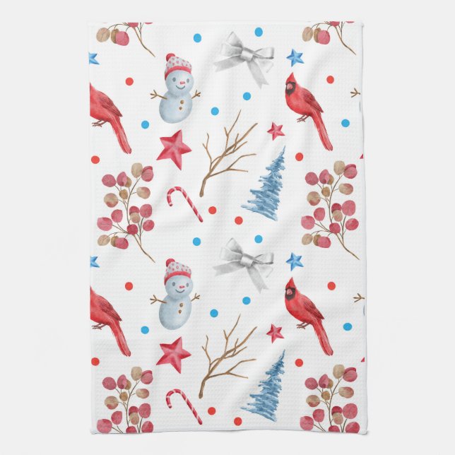 Festive Christmas Snowmen Red Cardinals Snow Trees Kitchen Towel (Vertical)