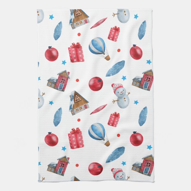 Festive Christmas Snowmen Red Ornaments Houses  Kitchen Towel (Vertical)