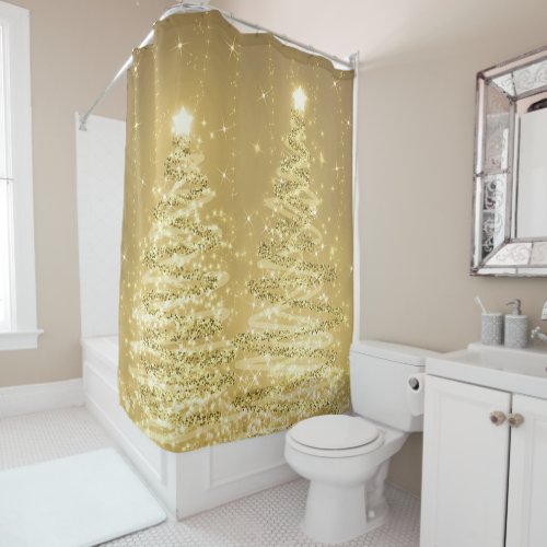 Festive Christmas Sparkling Trees Gold  Shower Curtain