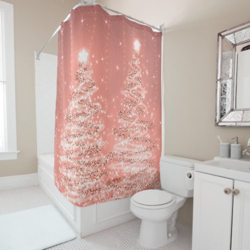 Festive Christmas Sparkling Trees Rose Gold  Shower Curtain