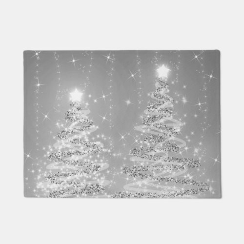 Festive Christmas Sparkling Trees Silver  Doormat