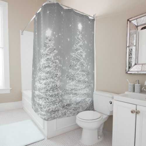 Festive Christmas Sparkling Trees Silver  Shower Curtain