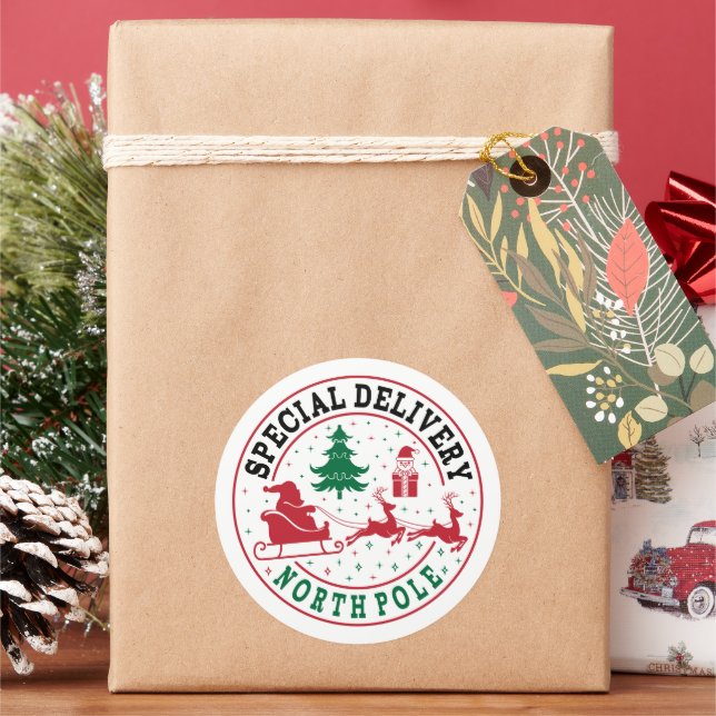 Festive Christmas special delivery North Pole Classic Round Sticker (Holiday)