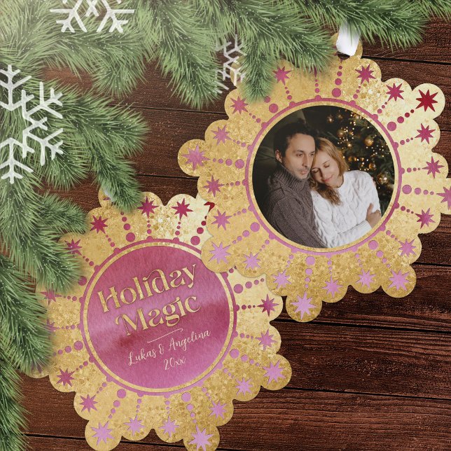 Festive Christmas Star: Gold and Red Photo Ornament Card (Holiday Magic Red, Pink, and Gold Photo Ornament Card)