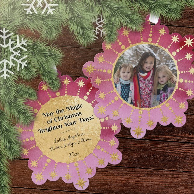 Festive Christmas Star: Red and Gold Photo Ornament Card (Christmas Magic Red, Pink, and Gold Photo Ornament Card)