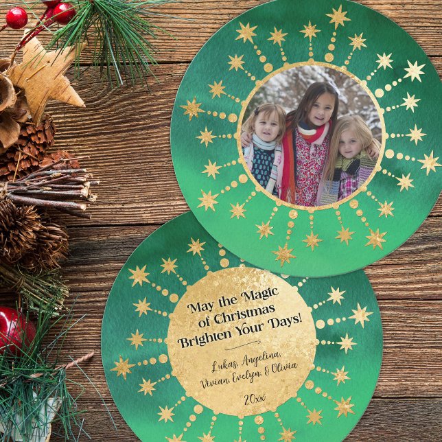 Festive Christmas Stars: Green and Gold Holiday Card (Christmas Magic Green and Gold Photo Holiday Card)