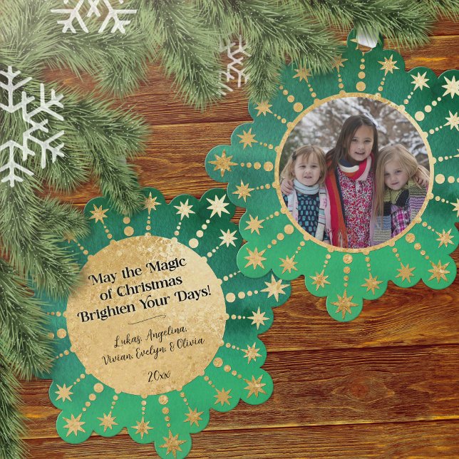 Festive Christmas Stars: Green and Gold Ornament Card (Christmas Magic Green and Gold Photo Ornament Card)